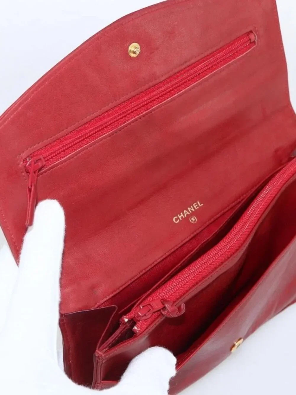 CHANEL Long Wallet Grained Calf Skin Red Gold CC Auth 166826
